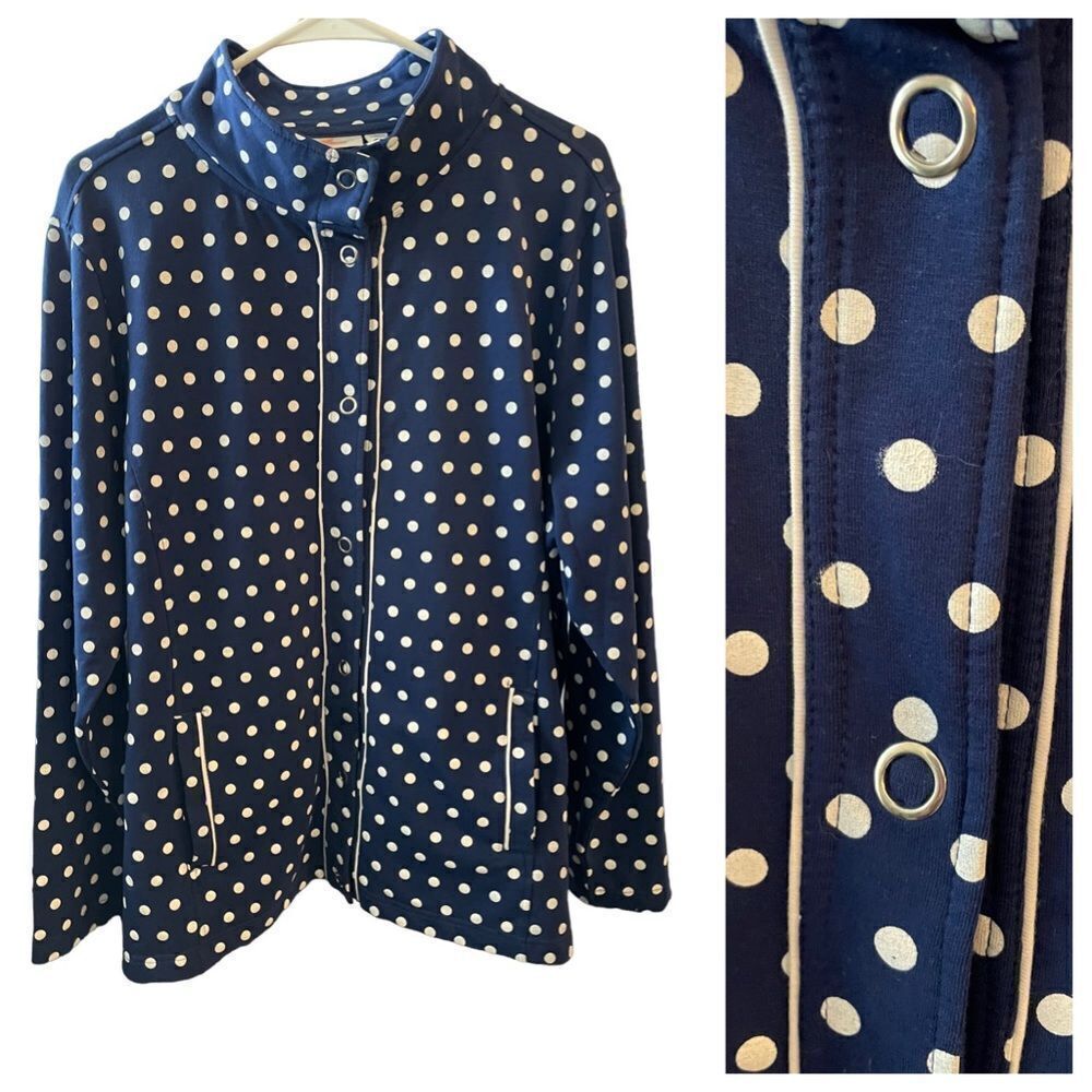 QUACKER FACTORY BLUE POLKA DOT SNAP LIGHTWEIGHT JACKET WITH SLIT POCKETS XL